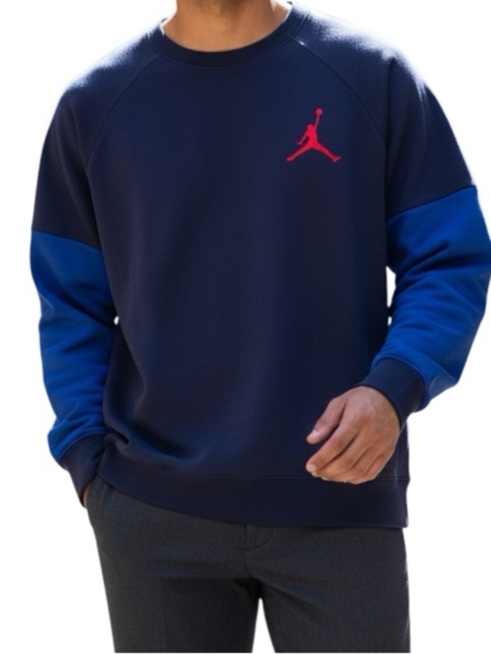 Jordan Men's Navy Crewneck Sweatshirt with Blue Sleeves and Red Logo XL